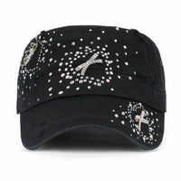 ililily Vintage Distressed Cotton Army Hat Heart Ribbon Rhinestone Cadet Cap