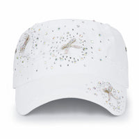 ililily Vintage Distressed Cotton Army Hat Heart Ribbon Rhinestone Cadet Cap