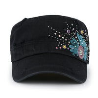 ililily Vintage Distressed Cotton Army Hat Sunflower Rhinestone Cadet Cap