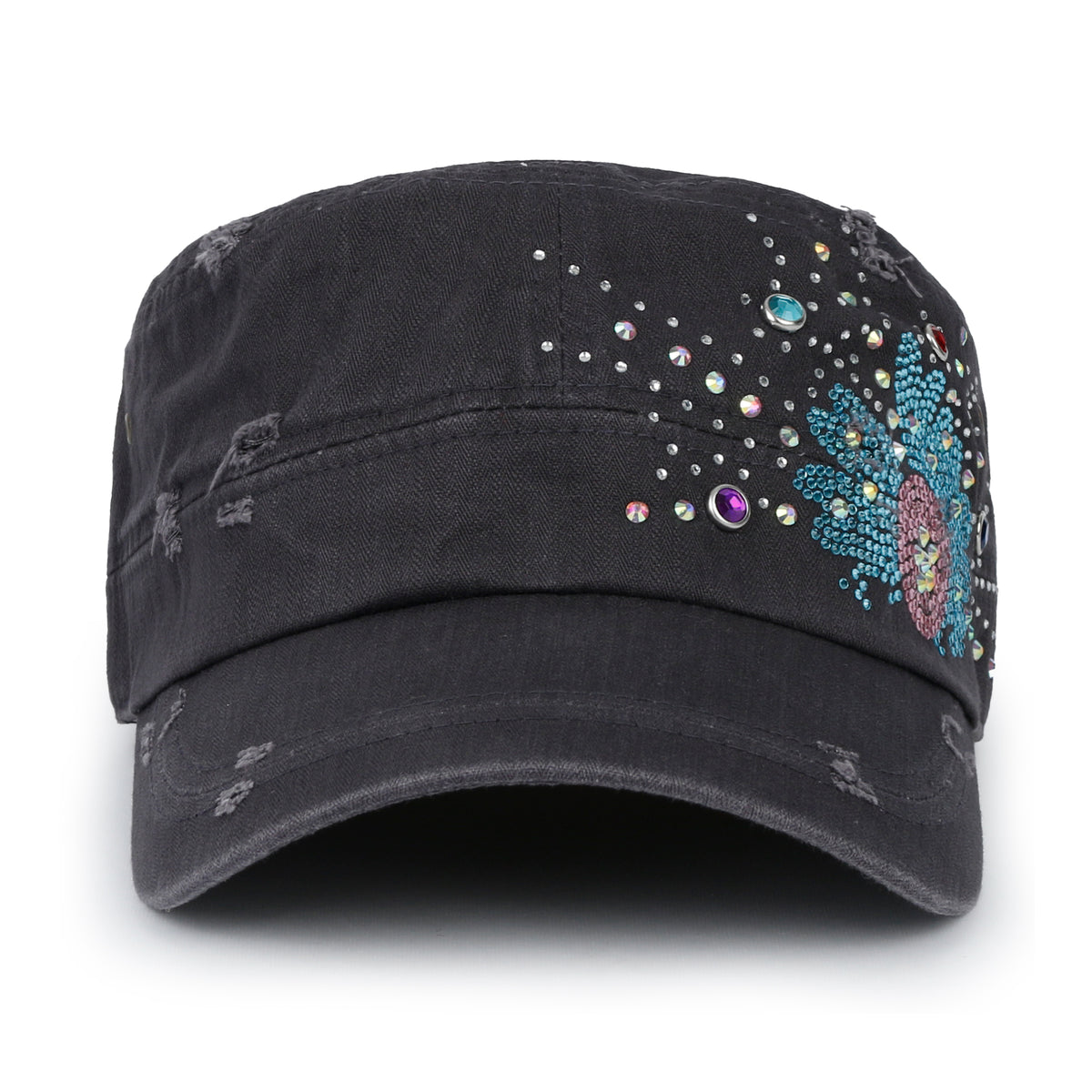 ililily Vintage Distressed Cotton Army Hat Sunflower Rhinestone Cadet Cap