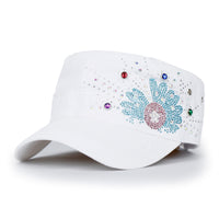 ililily Vintage Distressed Cotton Army Hat Sunflower Rhinestone Cadet Cap