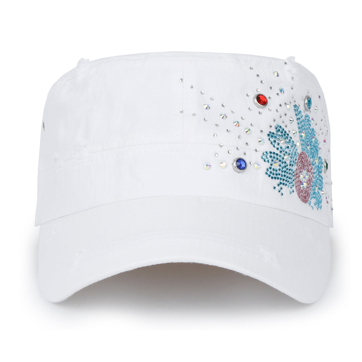 ililily Vintage Distressed Cotton Army Hat Sunflower Rhinestone Cadet Cap