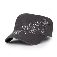 ililily Crystal / Black Gemstone Flower Vintage Military Army Hat Cadet Cap