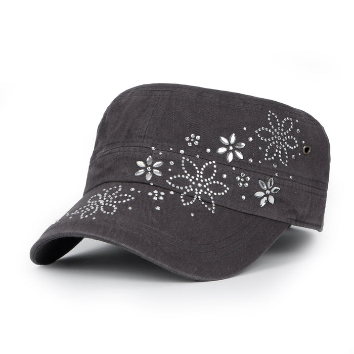 ililily Crystal / Black Gemstone Flower Vintage Military Army Hat Cadet Cap