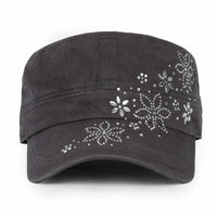 ililily Crystal / Black Gemstone Flower Vintage Military Army Hat Cadet Cap