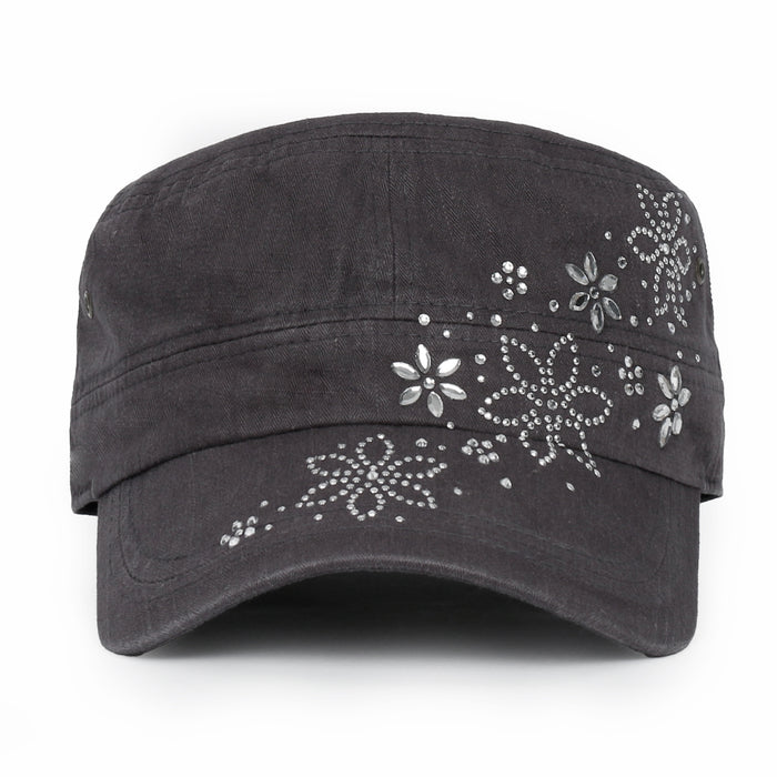 ililily Crystal / Black Gemstone Flower Vintage Military Army Hat Cadet Cap
