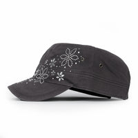 ililily Crystal / Black Gemstone Flower Vintage Military Army Hat Cadet Cap