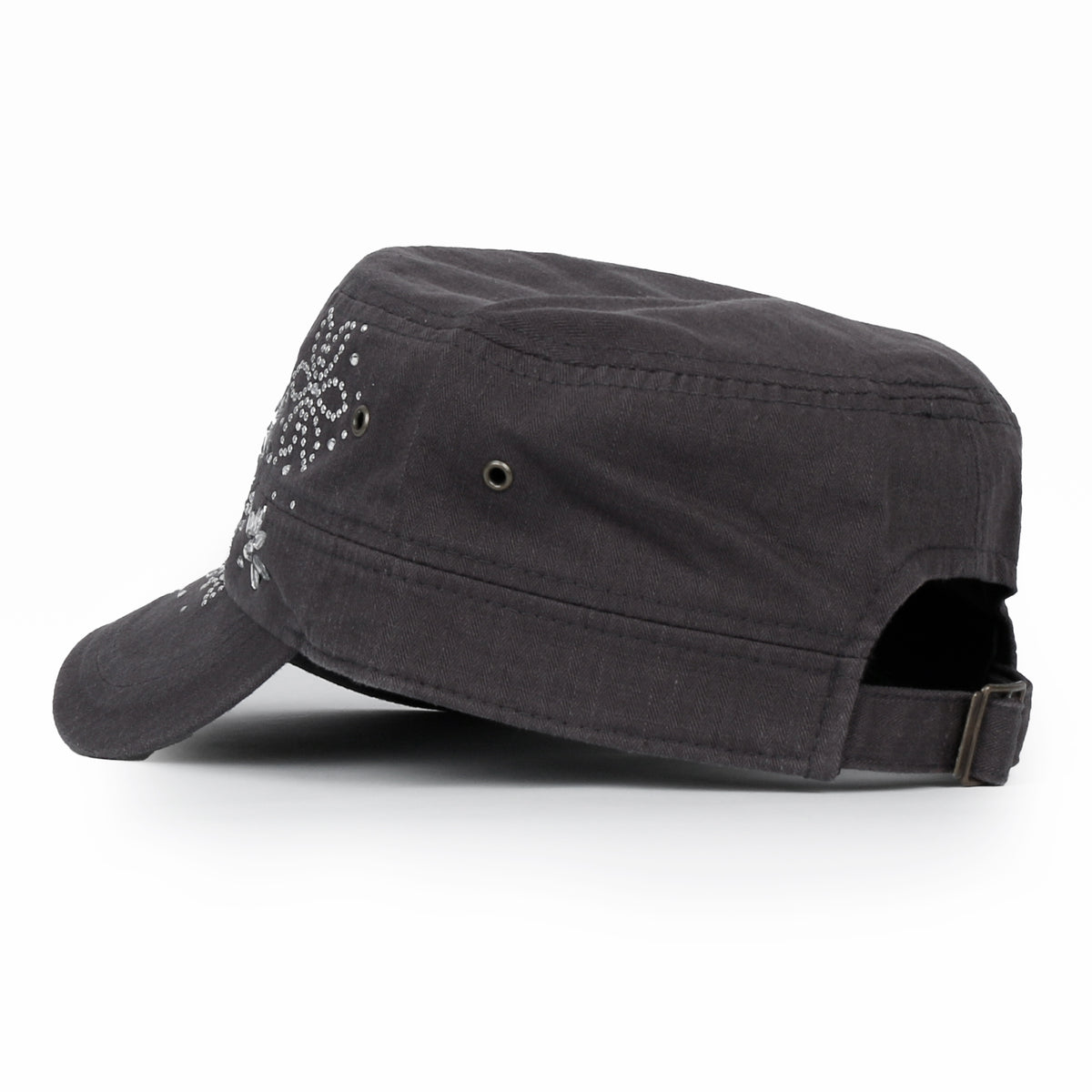 ililily Crystal / Black Gemstone Flower Vintage Military Army Hat Cadet Cap