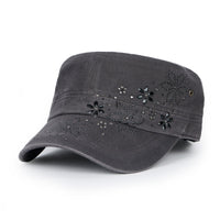 ililily Crystal / Black Gemstone Flower Vintage Military Army Hat Cadet Cap