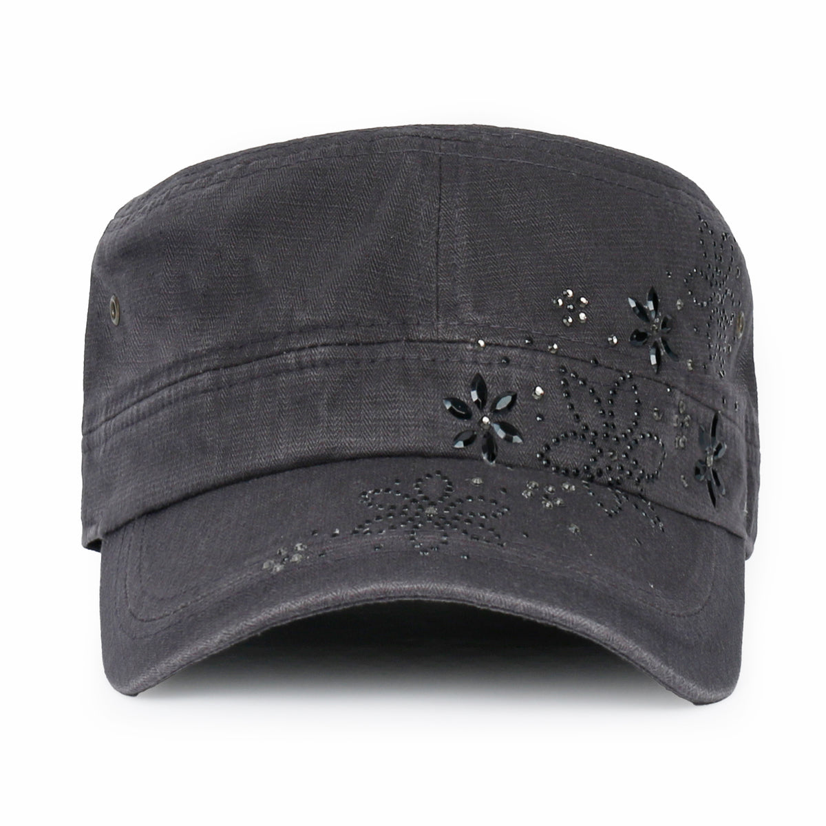ililily Crystal / Black Gemstone Flower Vintage Military Army Hat Cadet Cap