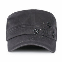 ililily Crystal / Black Gemstone Flower Vintage Military Army Hat Cadet Cap