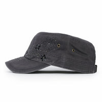 ililily Crystal / Black Gemstone Flower Vintage Military Army Hat Cadet Cap