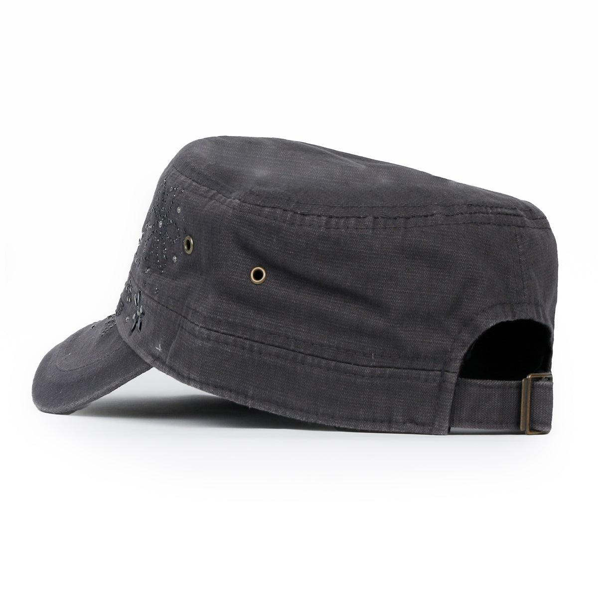 ililily Crystal / Black Gemstone Flower Vintage Military Army Hat Cadet Cap