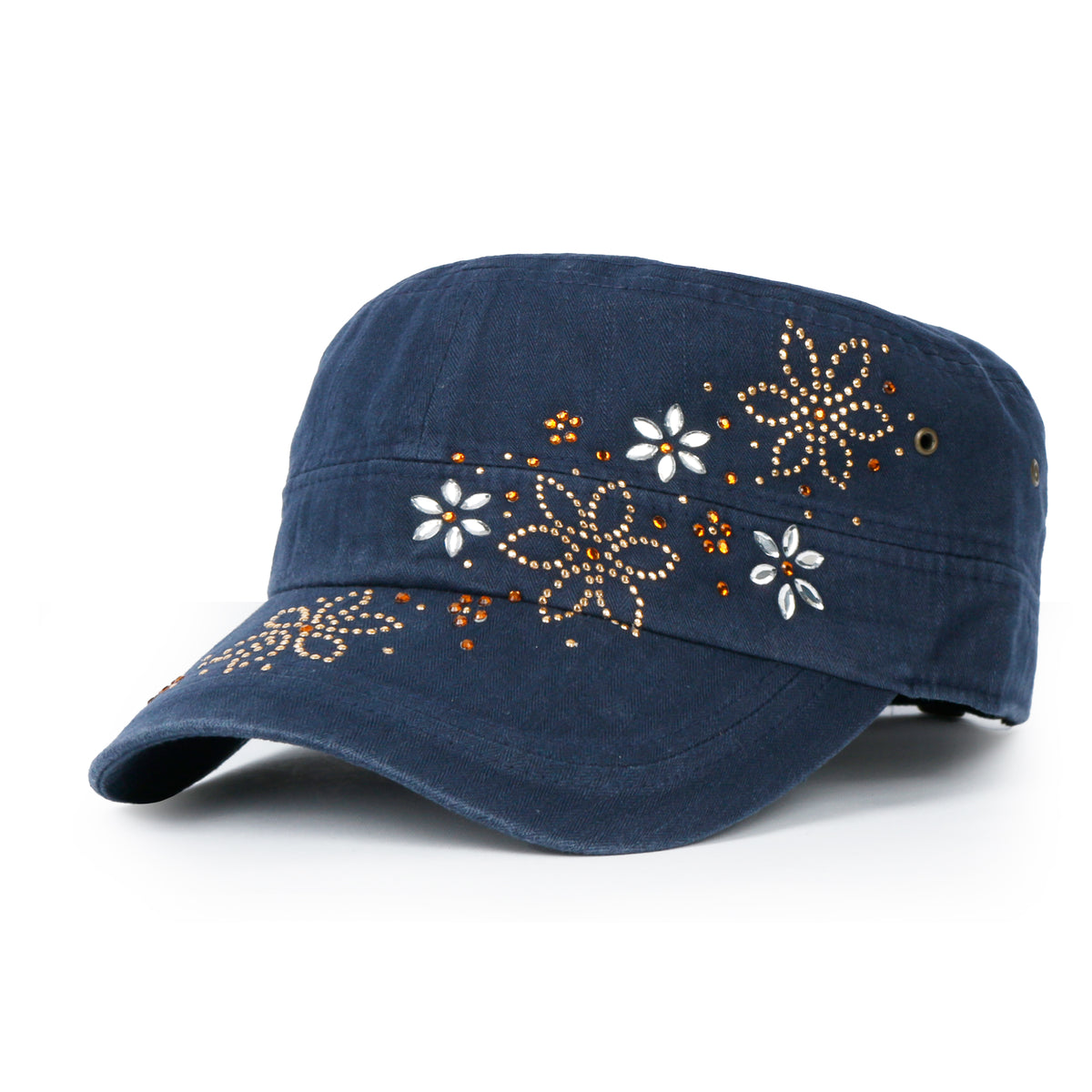 ililily Crystal / Black Gemstone Flower Vintage Military Army Hat Cadet Cap
