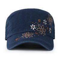 ililily Crystal / Black Gemstone Flower Vintage Military Army Hat Cadet Cap