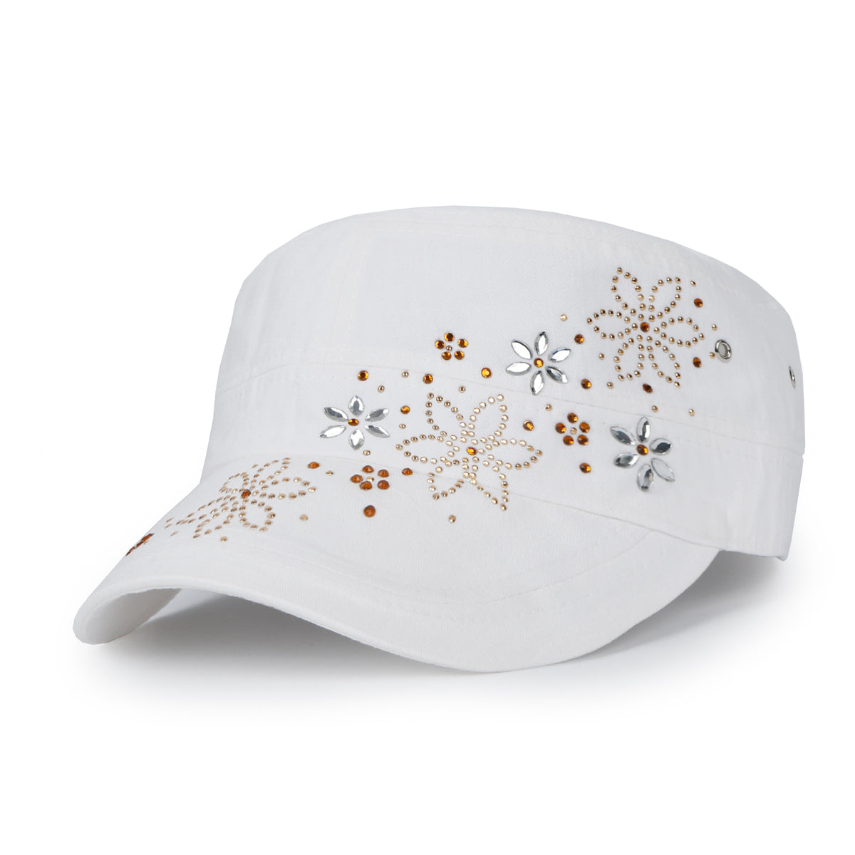 ililily Crystal / Black Gemstone Flower Vintage Military Army Hat Cadet Cap