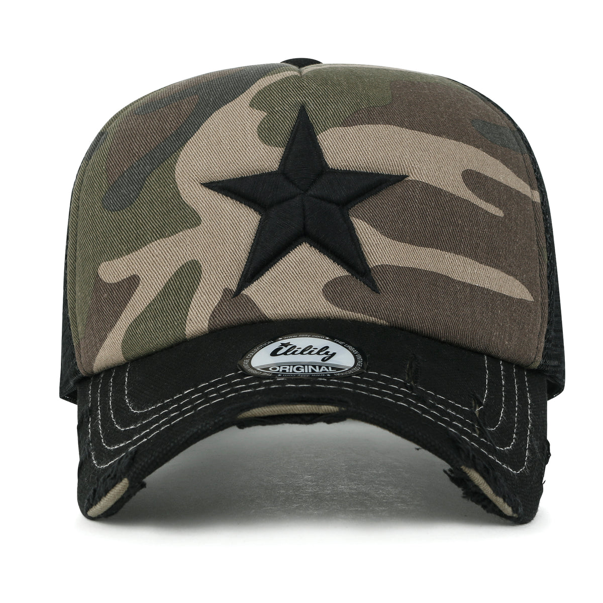 ililily Star Embroidery Black White Trucker Hat Cotton Baseball Cap