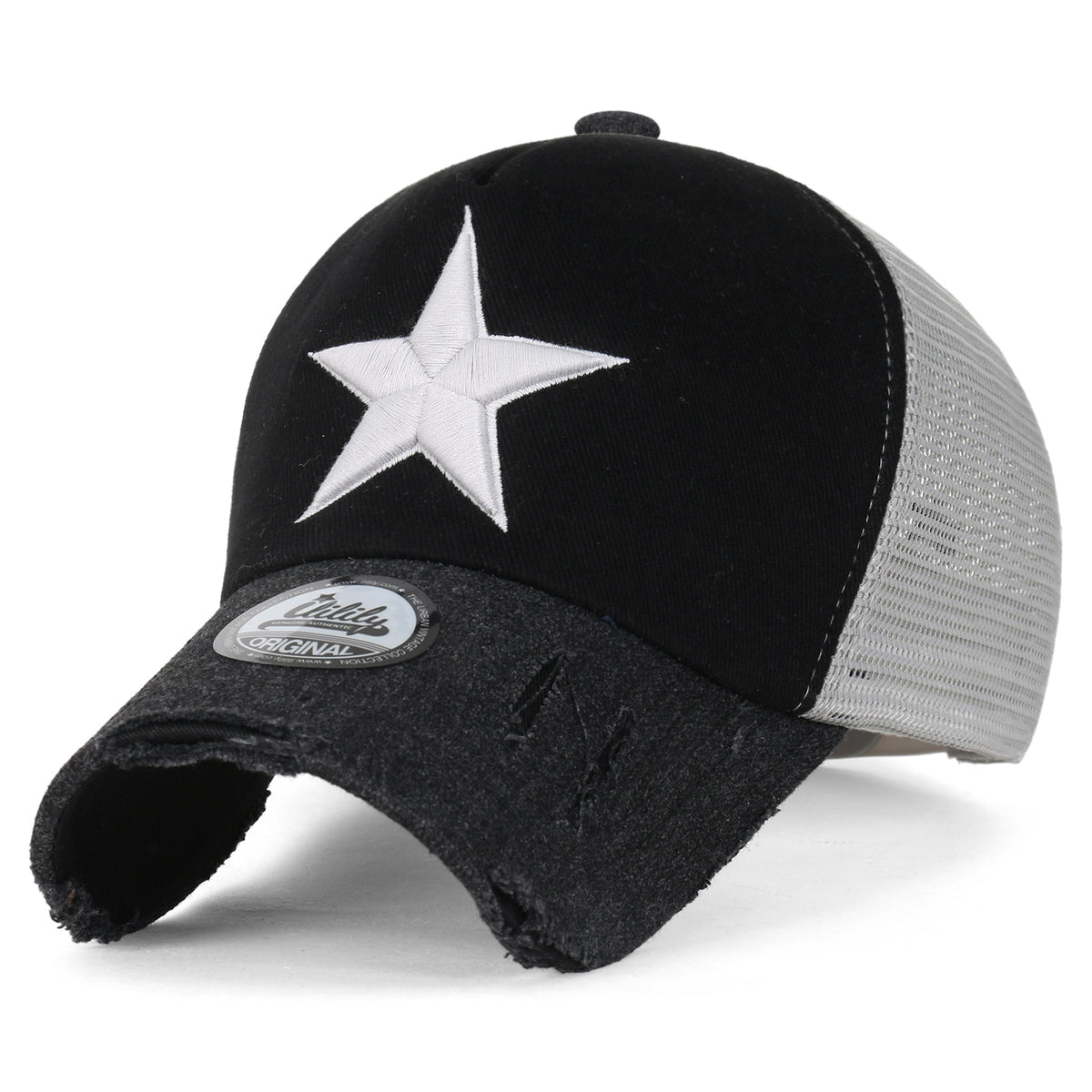 ililily Star Embroidery Black White Trucker Hat Cotton Baseball Cap