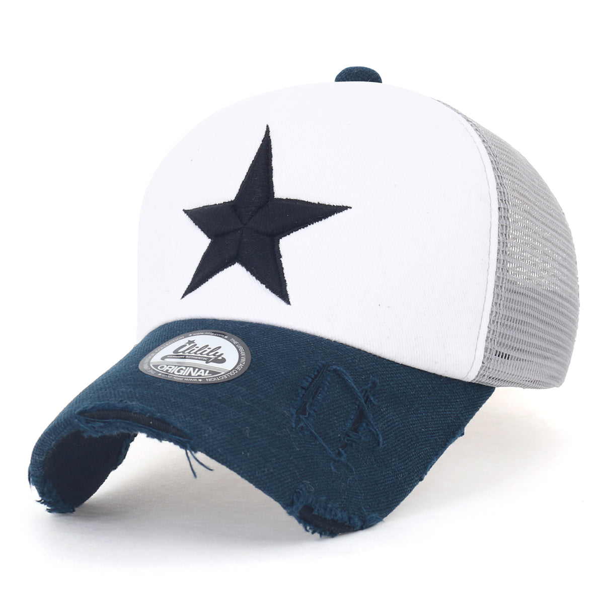 ililily Star Embroidery Black White Trucker Hat Cotton Baseball Cap
