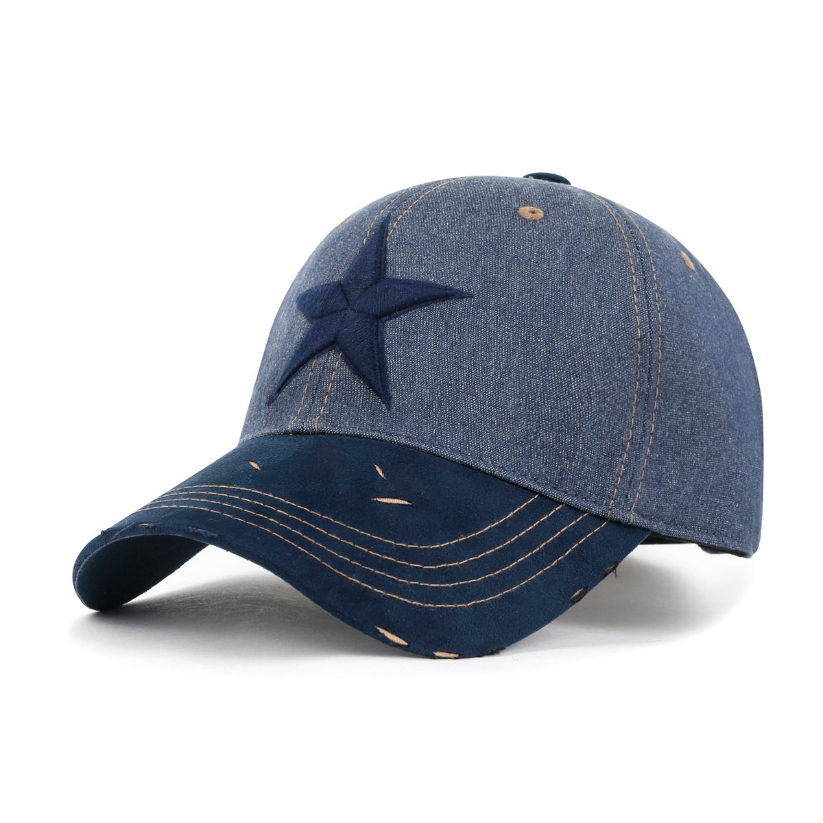 ililily Star Embroidery Cotton Denim Trucker Hat Faux Suede Brim Baseball Cap