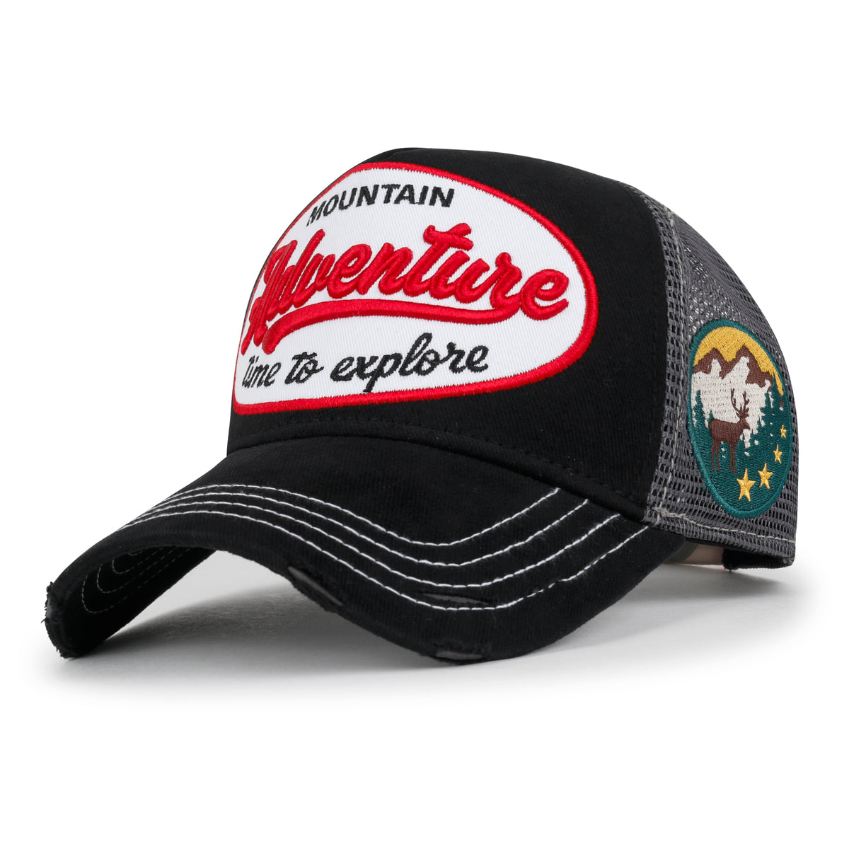 ililily PREMIUM Adventure Patch Structured Trucker Hat Distressed Baseball Cap