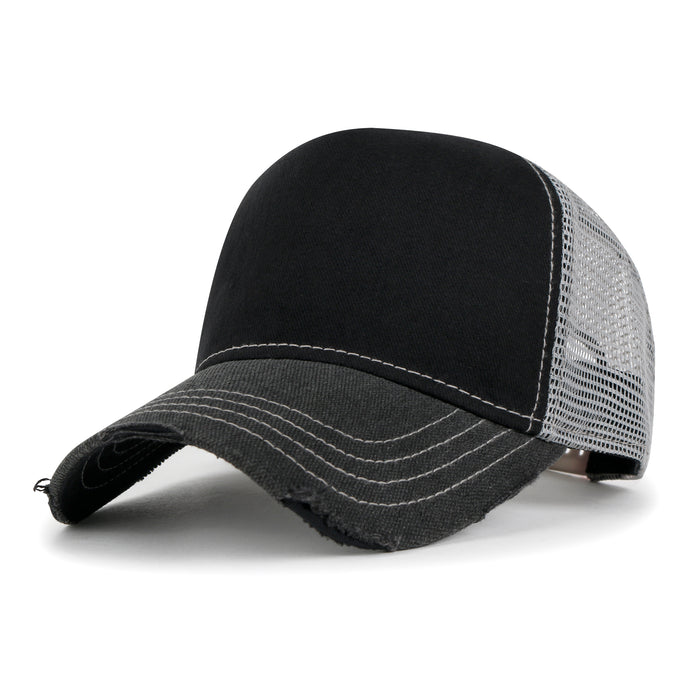 Premium Distressed Mesh Trucker Hat, Contrast Stitch Blank Cap