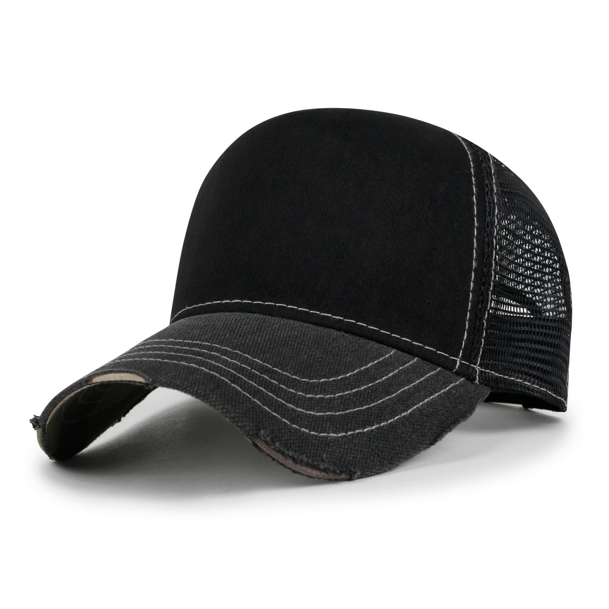 Premium Distressed Mesh Trucker Hat, Contrast Stitch Blank Cap
