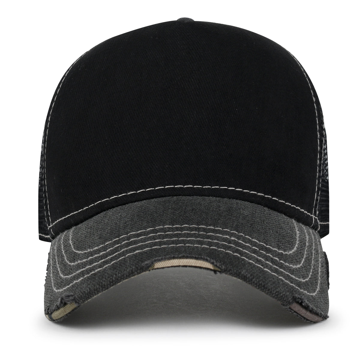 Premium Distressed Mesh Trucker Hat, Contrast Stitch Blank Cap