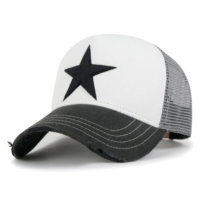 ililily Premium Star Embroidery Structured Crown Vintage Trucker Hat