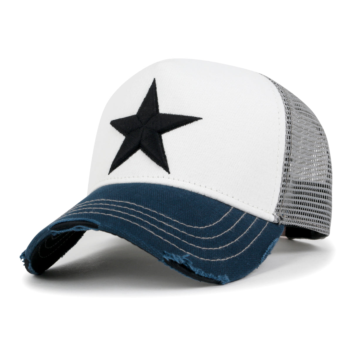 ililily Premium Star Embroidery Structured Crown Vintage Trucker Hat