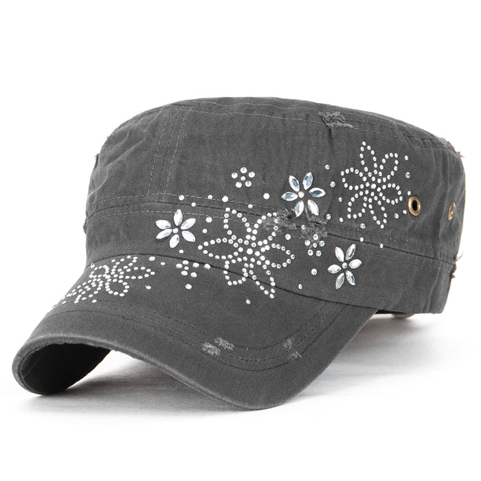 ililily Crystal Gemstone Stud Flower Vintage Cotton Military Army Hat Cadet Cap
