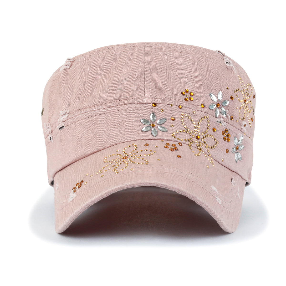ililily Crystal Gemstone Stud Flower Vintage Cotton Military Army Hat Cadet Cap