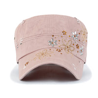 ililily Crystal Gemstone Stud Flower Vintage Cotton Military Army Hat Cadet Cap