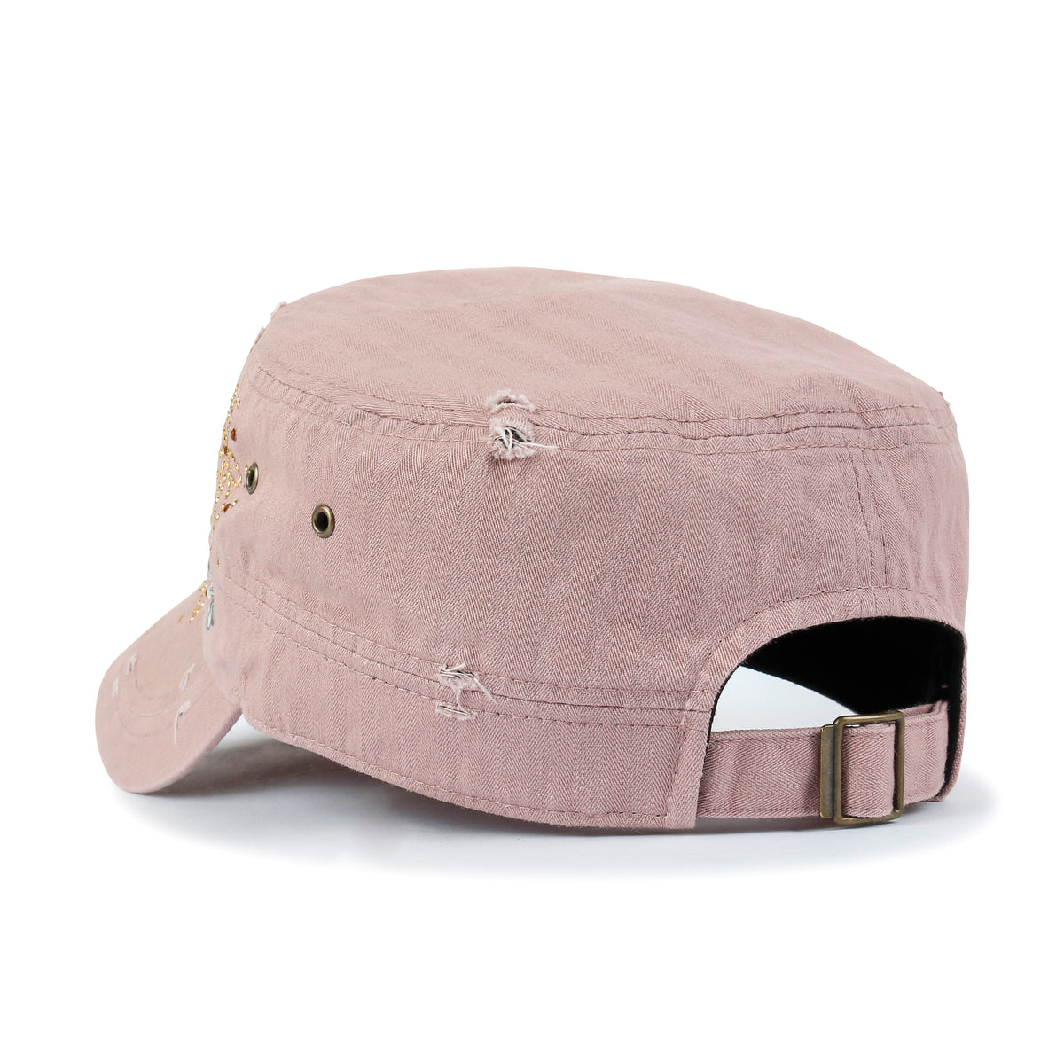 ililily Crystal Gemstone Stud Flower Vintage Cotton Military Army Hat Cadet Cap