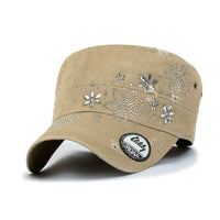 ililily Crystal Gemstone Stud Flower Vintage Cotton Military Army Hat Cadet Cap