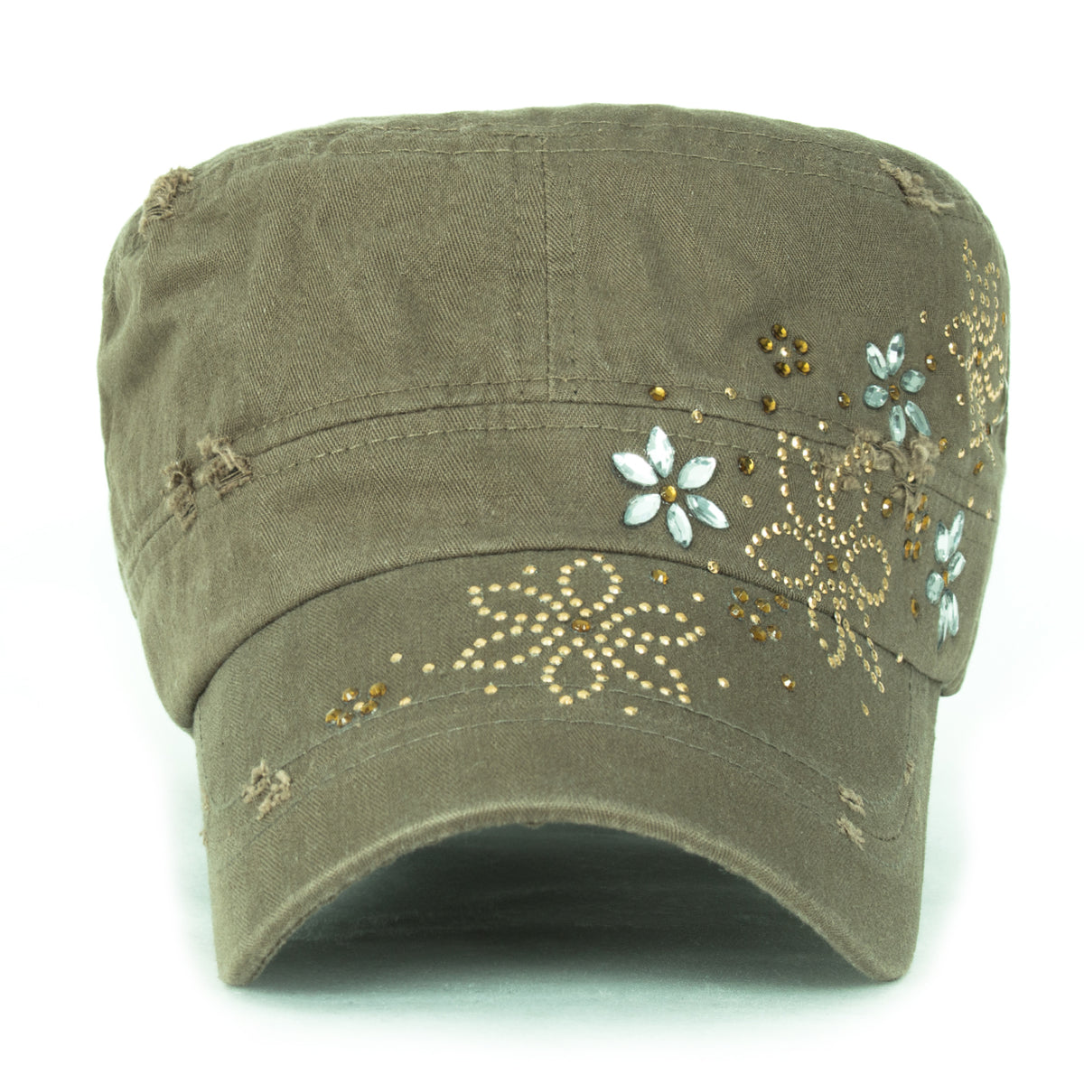 ililily Crystal Gemstone Stud Flower Vintage Cotton Military Army Hat Cadet Cap