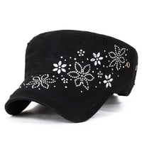 ililily Crystal Gemstone Stud Flower Vintage Cotton Military Army Hat Cadet Cap