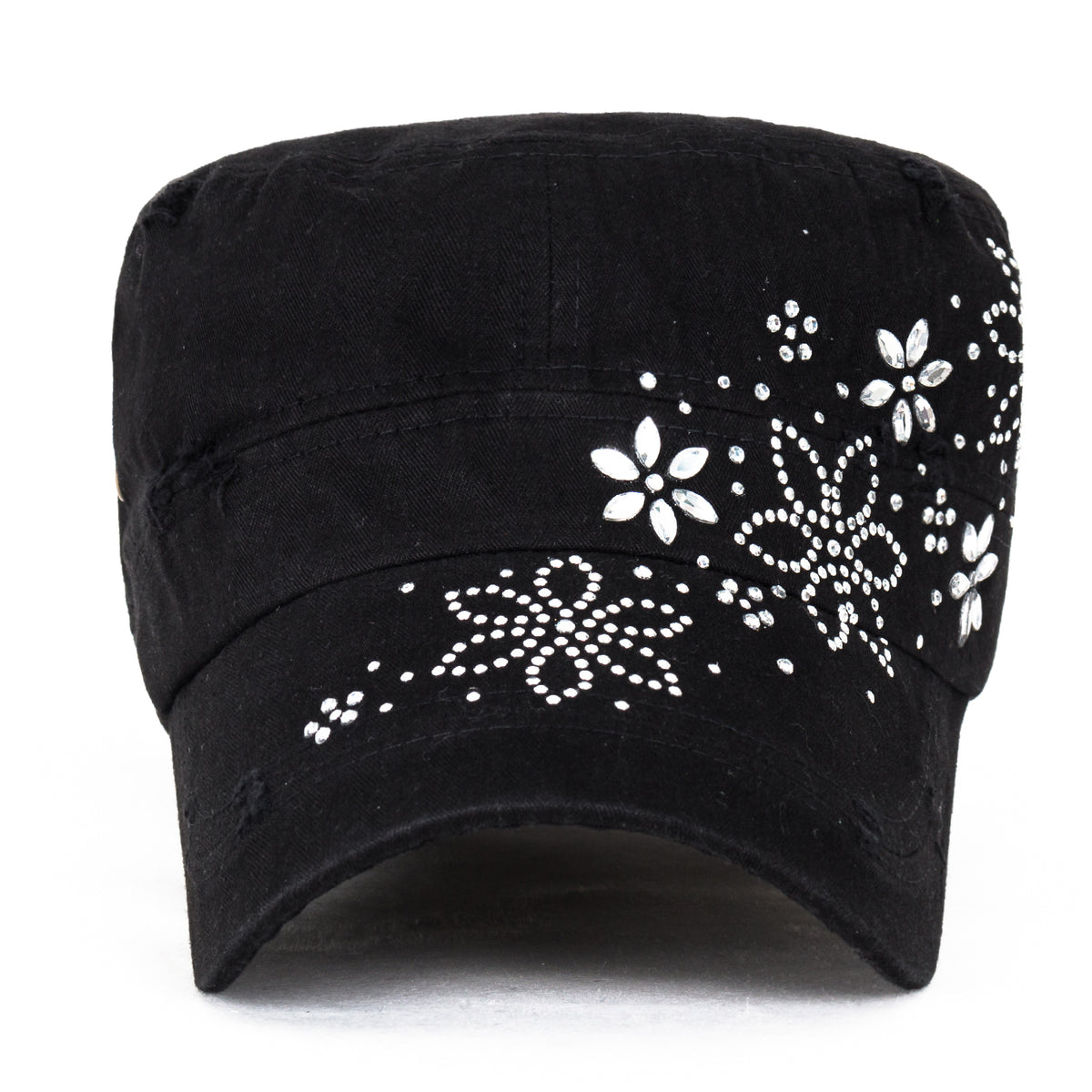 ililily Crystal Gemstone Stud Flower Vintage Cotton Military Army Hat Cadet Cap
