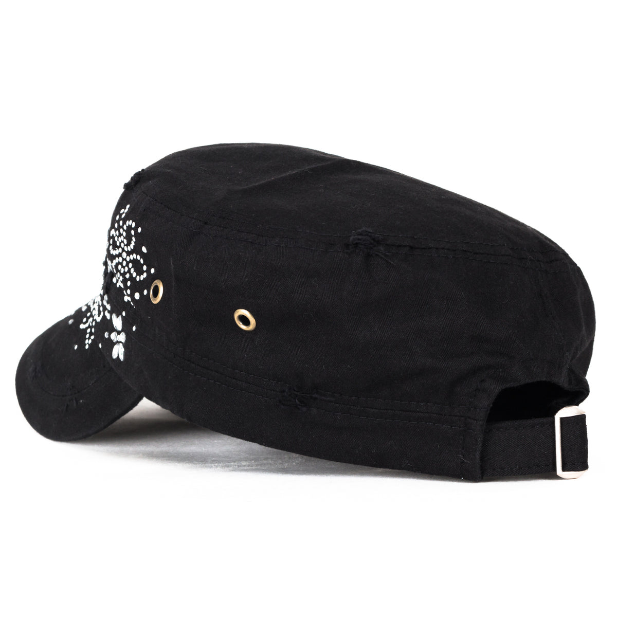 ililily Crystal Gemstone Stud Flower Vintage Cotton Military Army Hat Cadet Cap
