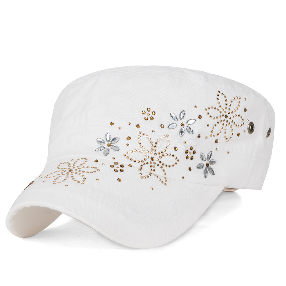 ililily Crystal Gemstone Stud Flower Vintage Cotton Military Army Hat Cadet Cap