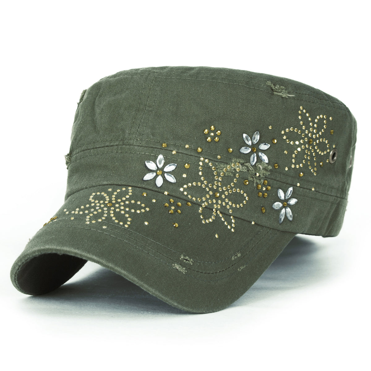 ililily Crystal Gemstone Stud Flower Vintage Cotton Military Army Hat Cadet Cap