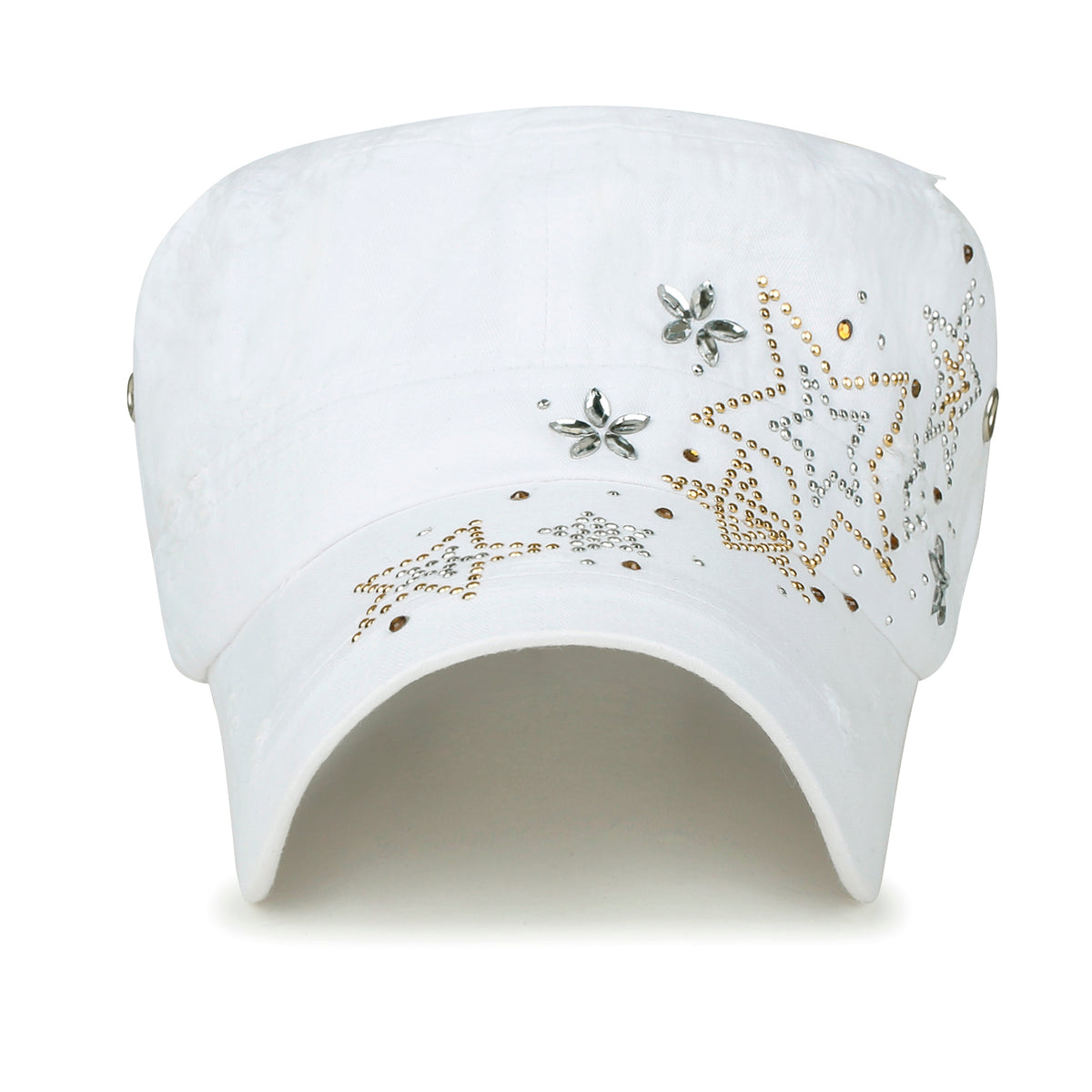 ililily Crystal Gemstone Stud Flower Vintage Cotton Military Army Hat Cadet Cap