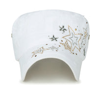 ililily Crystal Gemstone Stud Flower Vintage Cotton Military Army Hat Cadet Cap