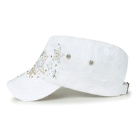 ililily Crystal Gemstone Stud Flower Vintage Cotton Military Army Hat Cadet Cap