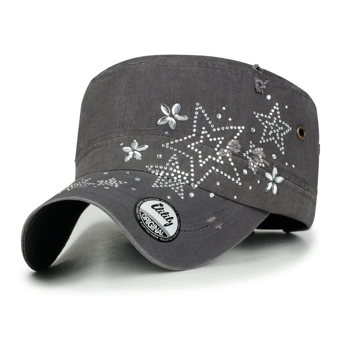 ililily Crystal Gemstone Stud Flower Vintage Cotton Military Army Hat Cadet Cap