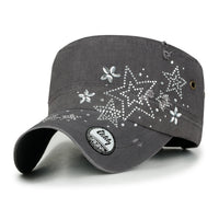 ililily Crystal Gemstone Stud Flower Vintage Cotton Military Army Hat Cadet Cap