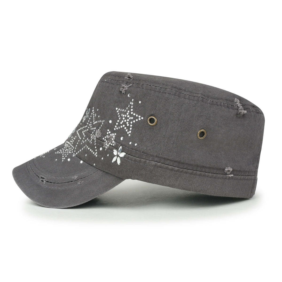 ililily Crystal Gemstone Stud Flower Vintage Cotton Military Army Hat Cadet Cap
