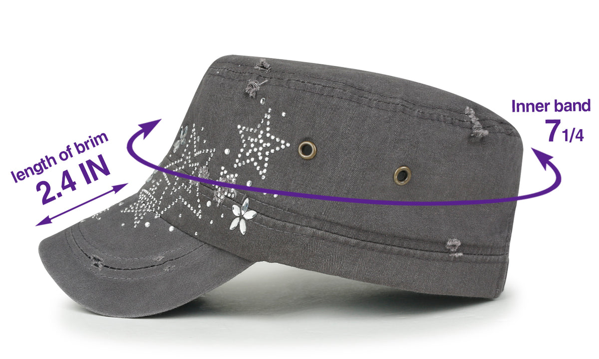 ililily Crystal Gemstone Stud Flower Vintage Cotton Military Army Hat Cadet Cap