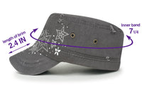 ililily Crystal Gemstone Stud Flower Vintage Cotton Military Army Hat Cadet Cap