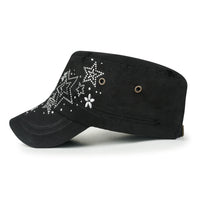 ililily Crystal Gemstone Stud Flower Vintage Cotton Military Army Hat Cadet Cap